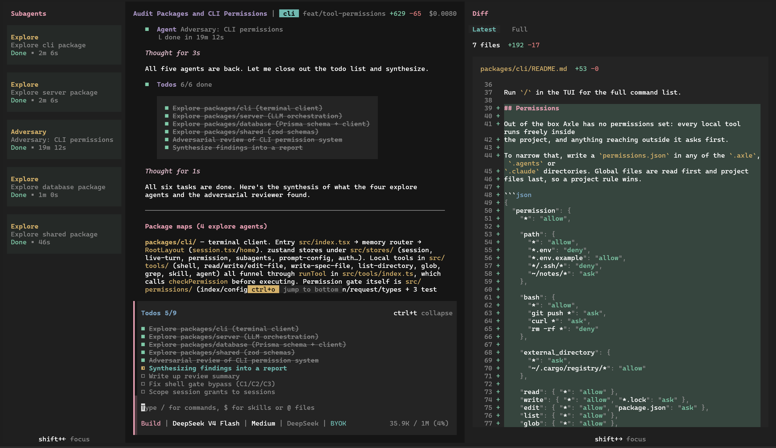 Axle running in a terminal, with the subagent panel on the left, the transcript in the middle, and a diff on the right.